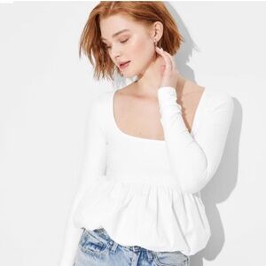 Wild Fable White Long-Sleeve Square Neck Peplum Top NWT